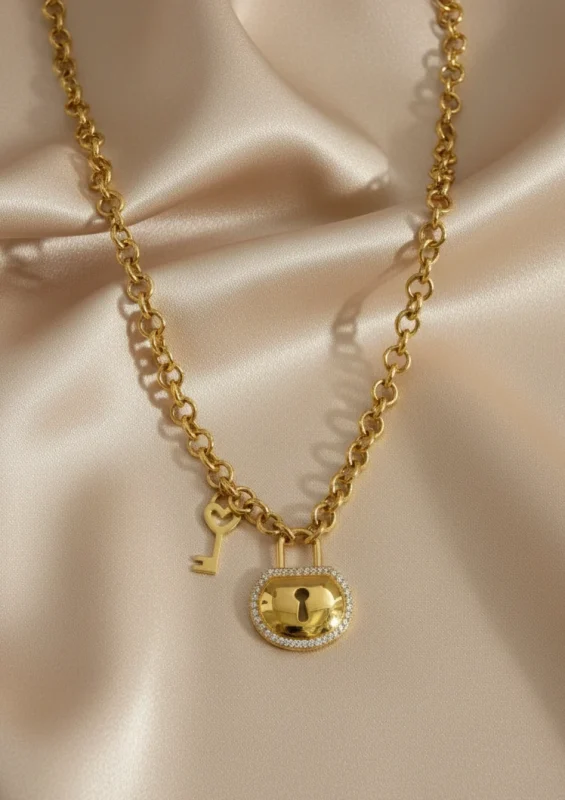 8K gold Key to My Heart necklace with heart lock and key pendant on satin background