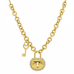 Gold key and heart locket necklace with lock pendant, elegant romantic jewelry design