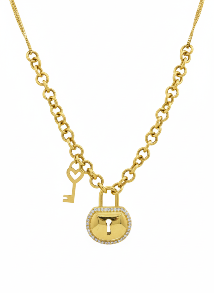 Gold key and heart locket necklace with lock pendant, elegant romantic jewelry design