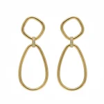 18K gold geometric drop earrings worn on ear, featuring a modern open oval design with a polished Italian finish, weighing 9.80 grams.