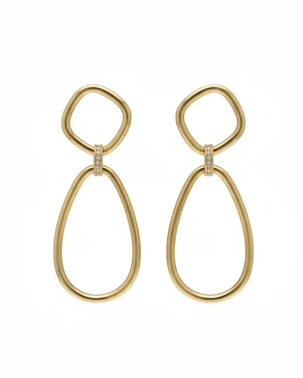 18K gold geometric drop earrings worn on ear, featuring a modern open oval design with a polished Italian finish, weighing 9.80 grams.