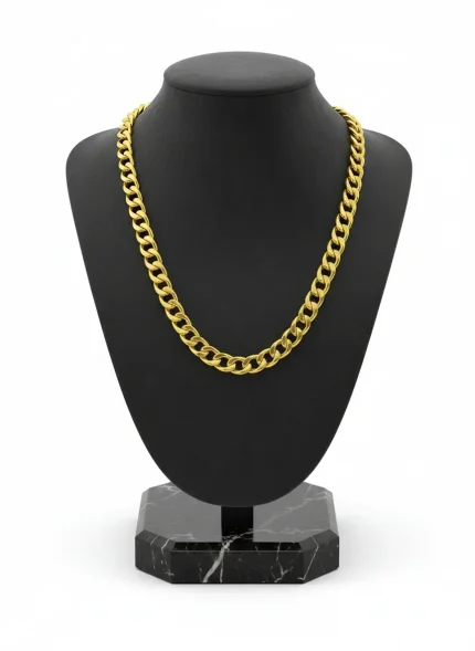 18K gold Cuban link chain necklace displayed on black bust, weighing 26.00 grams