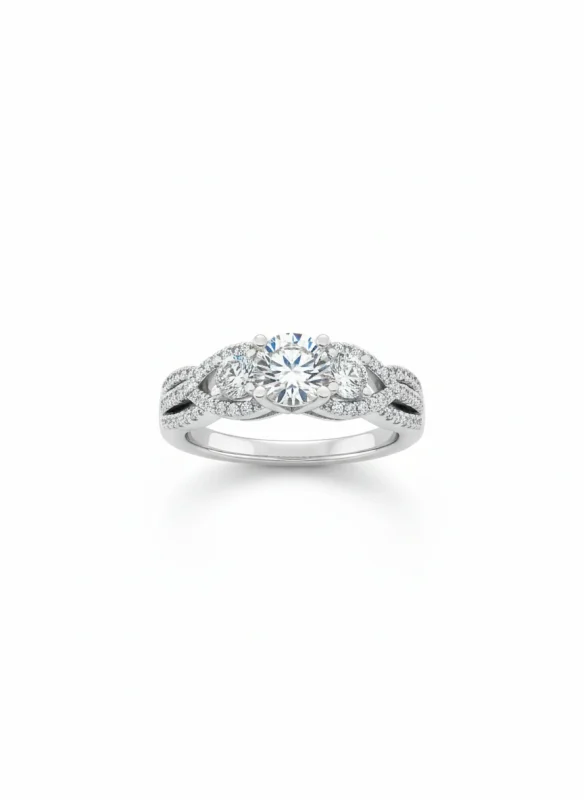 18K white gold solitaire ring with zircon (American diamond) stones and twisted pavé band, 3.75 grams