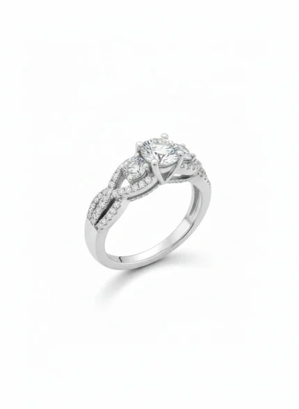 18K white gold solitaire ring with zircon (American diamond) stones and twisted pavé band, 3.75 grams