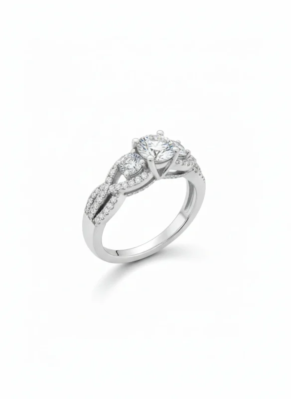 18K white gold solitaire ring with zircon (American diamond) stones and twisted pavé band, 3.75 grams