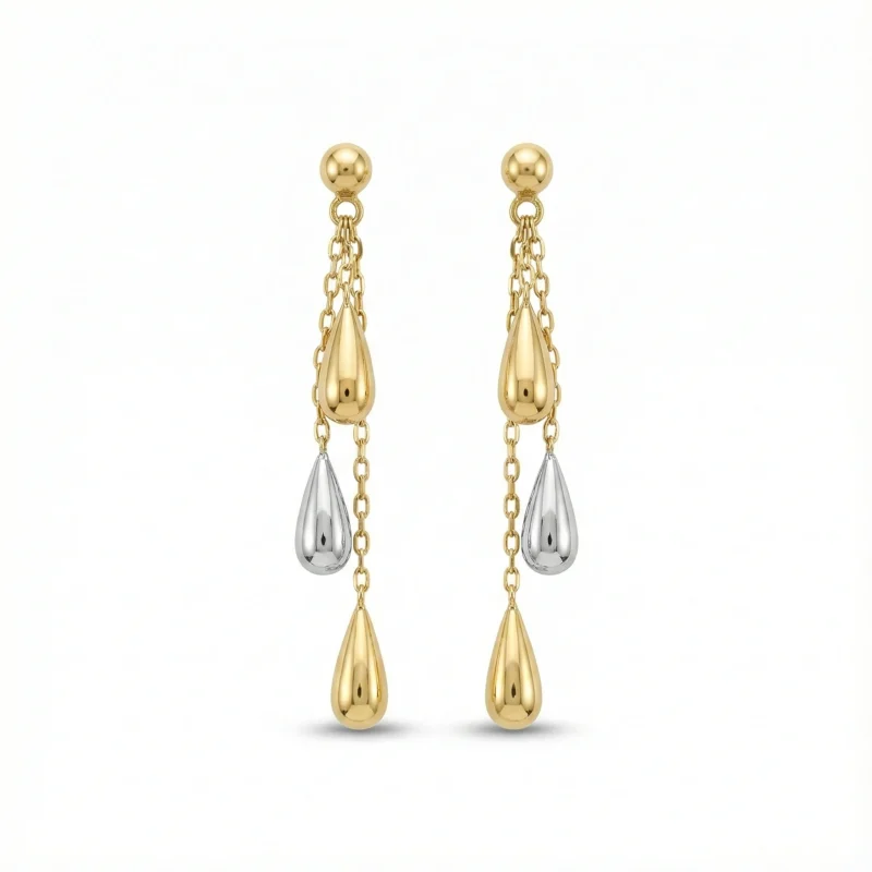 18K gold Spanish collection two-tone teardrop cascade drop earrings with delicate chain design, 1.54 grams
