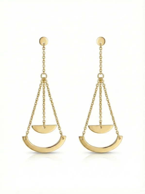 18K gold Spanish collection drop earrings with geometric curved design and delicate chain detailing