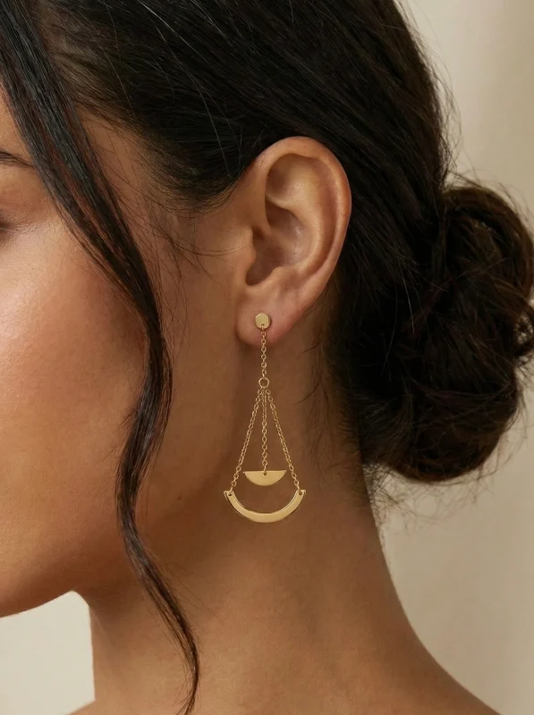 18K gold Spanish collection drop earrings with geometric curved design and delicate chain detailing