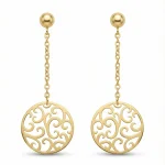 18K gold Spanish collection filigree circle drop earrings with chain design, 1.08 grams