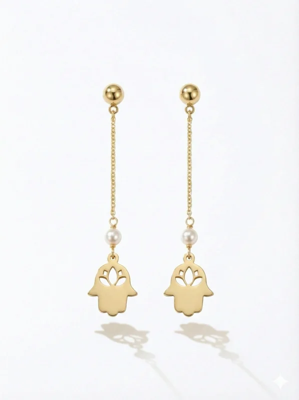 18K gold Spanish collection Hamsa drop earrings with pearl detail and delicate chain, 1.38 grams