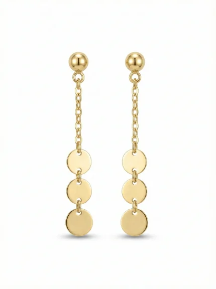 18K gold Spanish collection triple disc drop earrings with delicate chain design, 0.86 grams