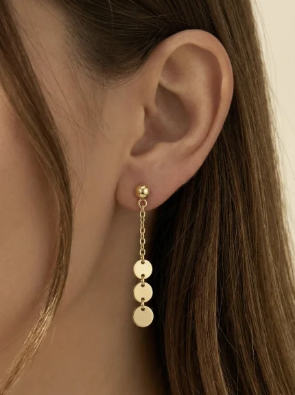 18K gold Spanish collection triple disc drop earrings with delicate chain design, 0.86 grams