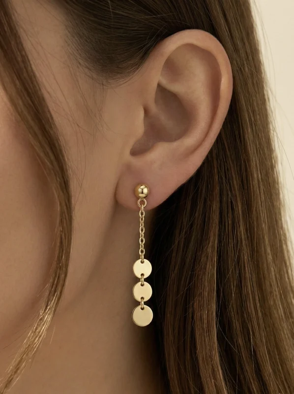 18K gold Spanish collection triple disc drop earrings with delicate chain design, 0.86 grams