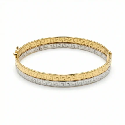 18K gold Mazimo collection two-tone Greek key slim bangle in yellow and white gold, 7.40 grams