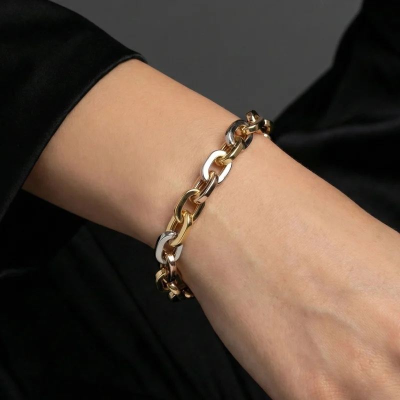 18K gold Mazimo collection tri-tone link bracelet with yellow, white, and rose gold links, 9.00 grams
