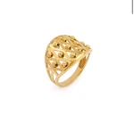 21K yellow gold wide lattice ring with diamond-cut textured details on white background