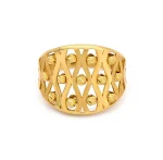 21K yellow gold wide lattice ring with diamond-cut textured details on white background