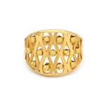21K yellow gold wide lattice ring with diamond-cut textured details on white background